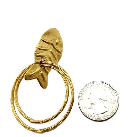 Vintage Norma Jean Matte Gold Fish Hoop Earrings Unique Double Hoop Dangle - Picture 8 of 10